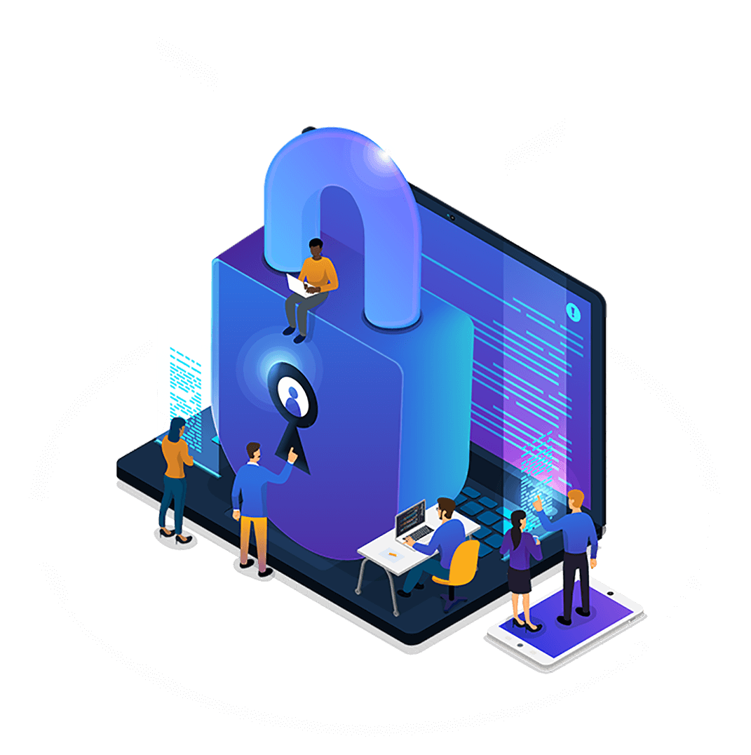 Illustration isométrique : cybersécurité et développement numérique